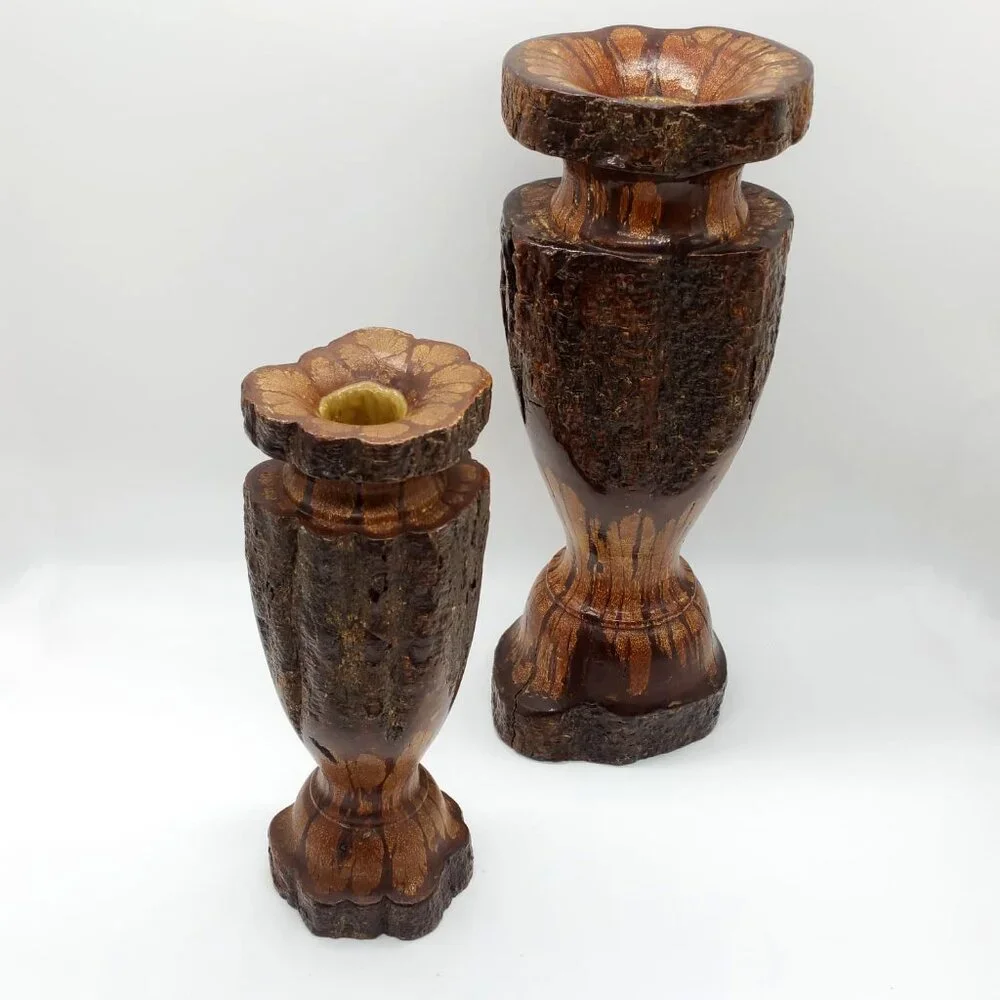 3 Vintage Chrysanthemum Wood Candle Stick Holders, Ikebana Vases, Decor